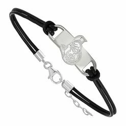 LogoArt Sterling Silver Ottawa Senators Black Leather Bracelet