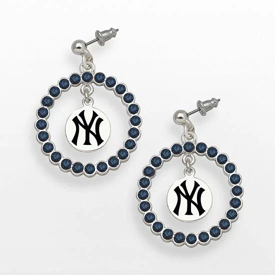 LogoArt New York Yankees Silver Tone Crystal Logo Charm Hoop Drop Earrings