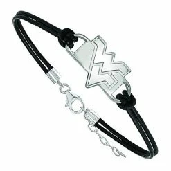 LogoArt Sterling SilverWest Virginia Mountaineers Small Center Charm Leather Bracelet