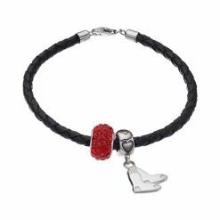 LogoArt Boston Red Sox Crystal Sterling Silver & Leather Charm Bracelet