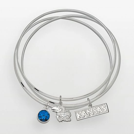 LogoArt Kansas Jayhawks Silver Tone Crystal Logo Charm Bangle Bracelet Set