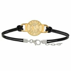LogoArt Sterling Silver Boston Red Sox Small Center Leather Bracelet