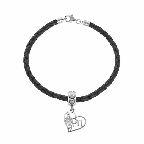 LogoArt Sterling Silver & Leather Alpha Omicron Pi Sorority Heart Bracelet 3 LogoArt Sterling Silver & Leather Alpha Omicron Pi Sorority Heart Bracelet