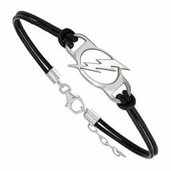 LogoArt Sterling Silver Tampa Bay Lightning Black Leather Bracelet
