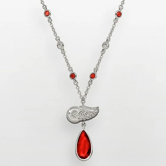 LogoArt Detroit Red Wings Silver Tone Crystal Logo Teardrop Y Necklace