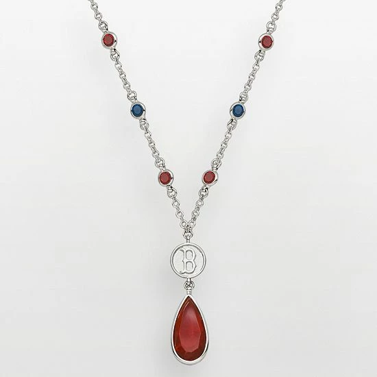 LogoArt Boston Red Sox Silver Tone Teardrop Crystal Y Necklace