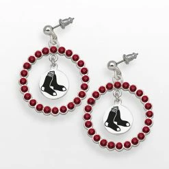 LogoArt Boston Red Sox Silver Tone Crystal Logo Charm Hoop Drop Earrings