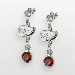 LogoArt Detroit Red Wings Silver Tone Crystal Logo Linear Drop Earrings