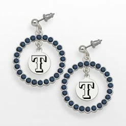 LogoArt Texas Rangers Silver Tone Crystal Logo Charm Hoop Drop Earrings