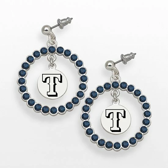 LogoArt Texas Rangers Silver Tone Crystal Logo Charm Hoop Drop Earrings