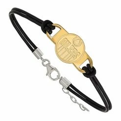 LogoArt Sterling Silver Edmonton Oilers Black Leather Bracelet